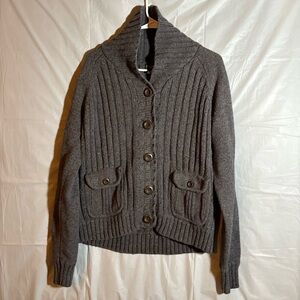 Eddie Bauer Womens Gray Cardigan Sweater XL Chunky Knit Shawl Collar Buttons